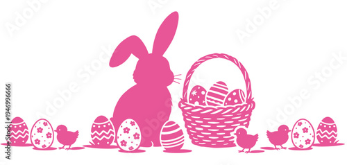 Vector illustration of an Easter bunny with a basket of colorful Easter eggs.