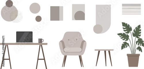 Minimalist home office with laptop, armchair, plant, and abstract decor