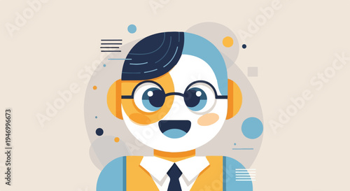 Stylized, friendly cartoon character with glasses, suit, and blue-white hair