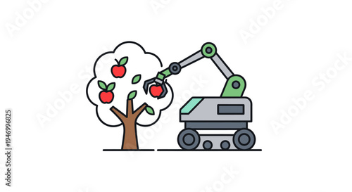 Robotic arm picking apples from tree.
