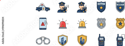 Police Public Safety and Law Enforcement Icon Set Featuring Patrol Car, Officer Communication, Warning Alert, Siren Lights, Handcuffs and Security Shields