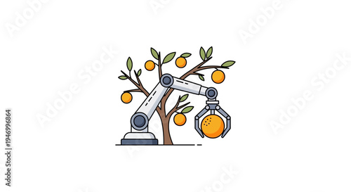 Robotic Arm Picking Fresh Orange Fruit.