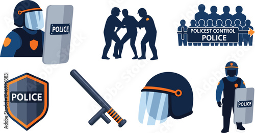 Police Riot Control and Law Enforcement Equipment Icon Set Featuring Shield, Helmet, Baton, Arrest Scene and Crowd Control Security Vector Illustrations