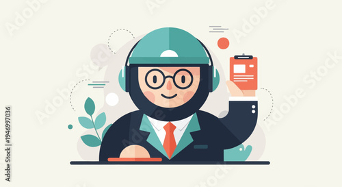 Friendly stylized person in headset, suit, and tie holds a clipboard