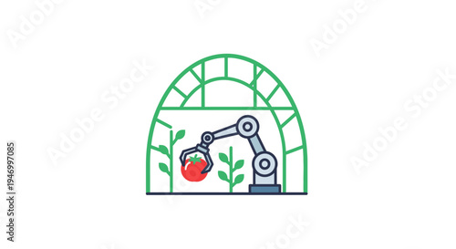 Robotic arm picking red tomato.