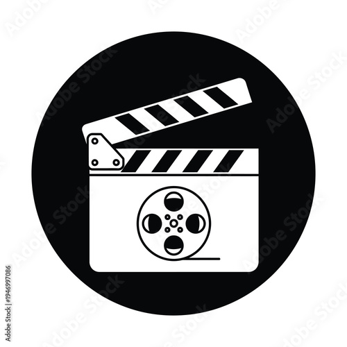 Film clapper board icon in a circle on white background icon