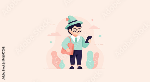 Cheerful young person wearing a pointed hat and glasses holds a phone