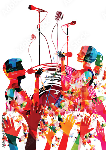 Professional vocalists singing on stage with multiple microphones against a vibrant abstract sunset background in retro-futurist style