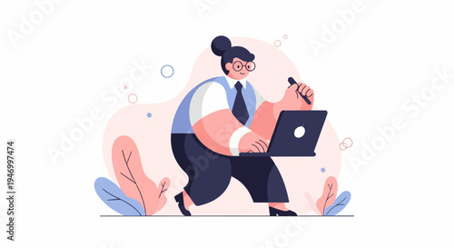 Person in glasses and tie works on laptop holding stylus