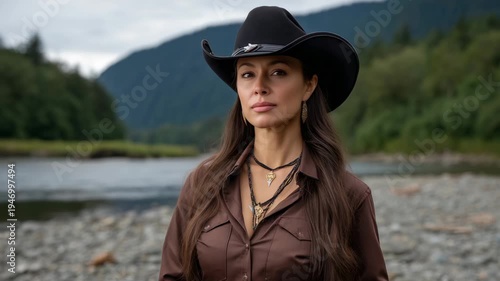 Confident cowgirl in a cowboy hat standing by a river in a mountain landscape