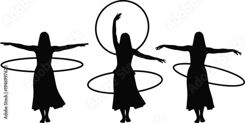 Woman hula hoop silhouette set showing fitness exercise, dance movement and rhythmic body motion, female workout activity vector illustration isolated on background
