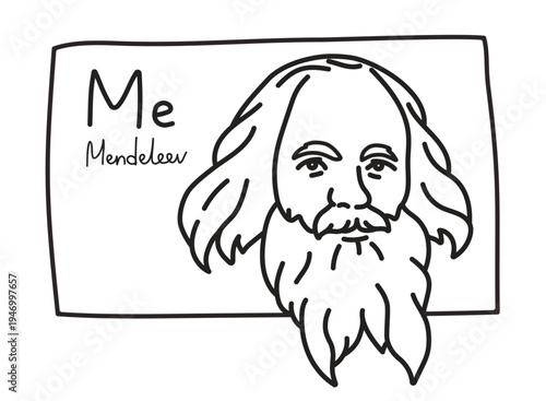 Vector hand drawn portrait of famous chemistry scientist Dmitri Mendeleev in periodic table of elements. Black line illustration of the head of Russian genius chemist with humor