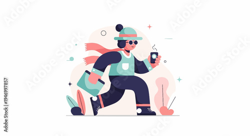 Person in winter attire with scarf, hat, and sunglasses holding a drink