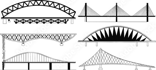 Bridge construction silhouettes set with arch, truss and cable stayed bridge designs, engineering structure collection isolated on light background vector style illustration