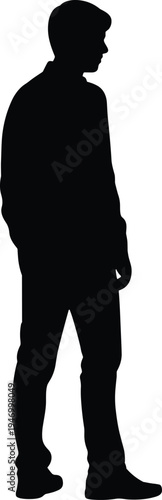 Male silhouette icon, standing figure graphic, posture and clothing symbol, human outline design, black vector, white background