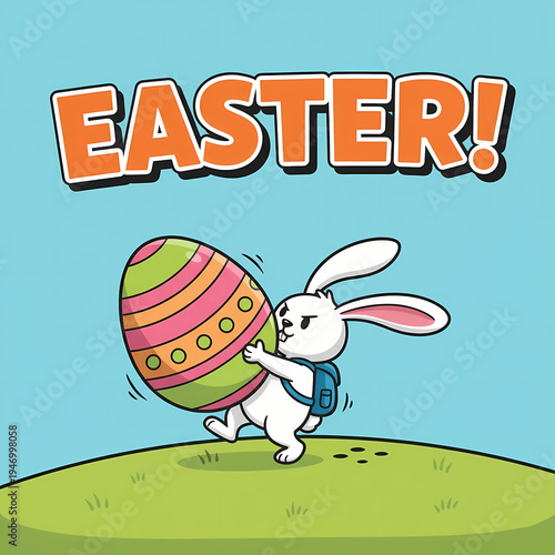 bunny with decorated egg, easter cartoon character on green hill with blue sky and fluffy white clouds