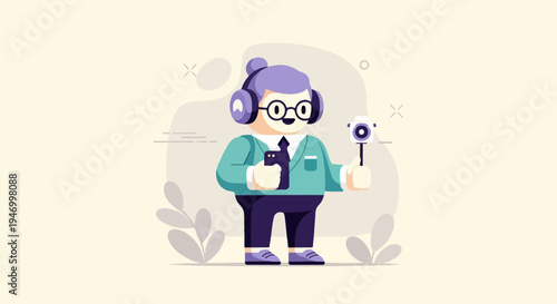 Cheerful person with headphones, phone, and selfie stick, ready for content creation