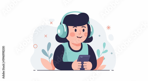 Person wearing headphones and holding a mobile phone, surrounded by abstract shapes