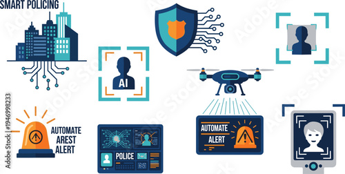 Smart Policing and AI Surveillance Technology Icon Set Featuring Facial Recognition, Security Drone Monitoring, Automated Arrest Alert, Digital Police System and Cyber Protection