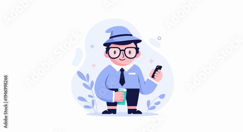 Man in hat with glasses holds phone and drink, surrounded by leaves
