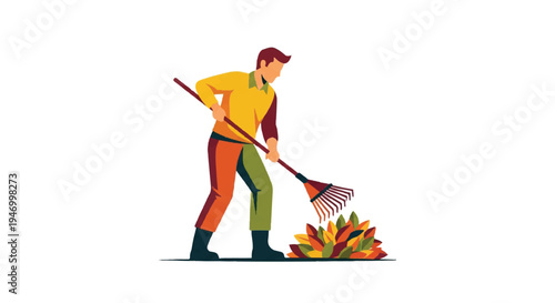 Man raking leaves outdoors illustration autumn season