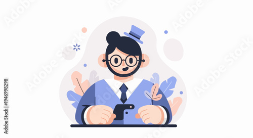 Stylized man in a hat and glasses using a smartphone with floral accents