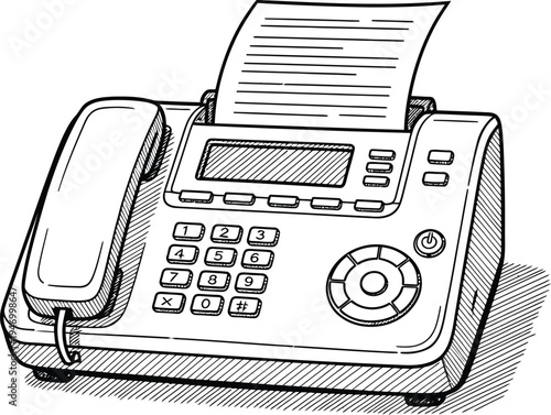 Detailed black and white vector line art illustration of a classic office fax machine, symbolizing retro communication technology and business history