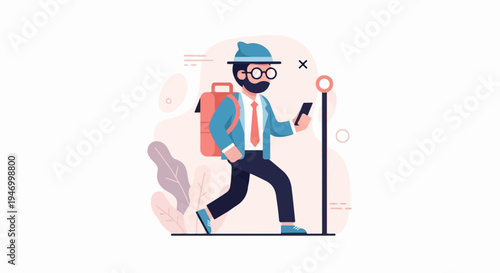 Trendy backpacker with glasses, hat, and phone navigating outdoors