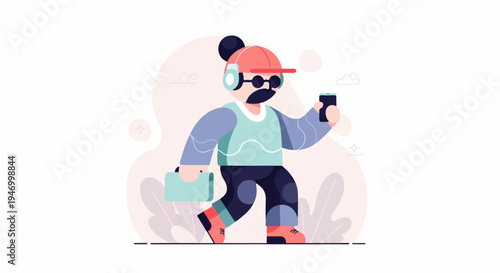 Cartoon person with mustache, headphones, holding phone and briefcase