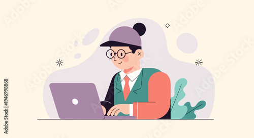 Person in hat and glasses working on laptop, with abstract shapes and plants
