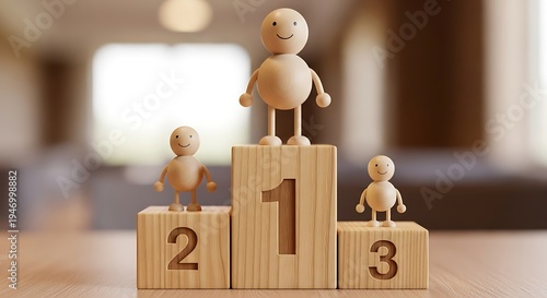 Wooden figurines on podiums with numbers 1 2 and 3 symbolizing ranking or competition