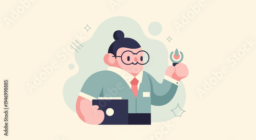 Cartoon person in glasses holding a lightbulb with a briefcase