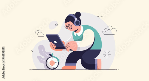 Person wearing headphones uses a tablet while sitting down