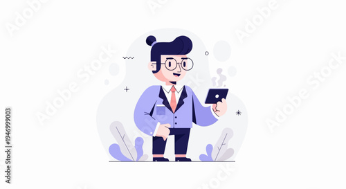 Professional with tablet, looking forward, in light blue suit, tie, glasses