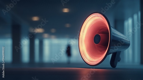 Megaphone in Office Interior with Blurred Background