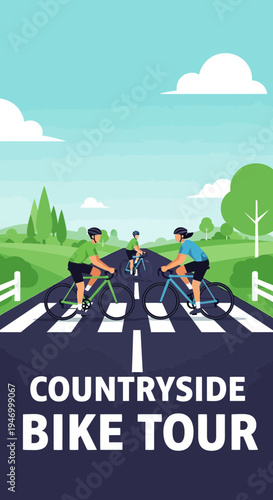 Joyful Cyclists Embarking on a Countryside Bike Tour with Scenic Landscapes Under a Blue Sky