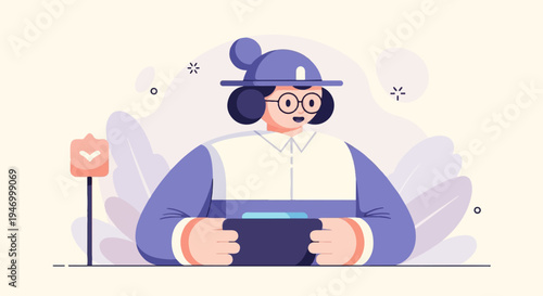 Stylized character wearing glasses and hat, holding a game controller