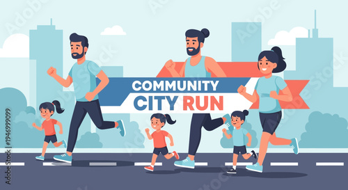 Joyful Family And Community Jogging In Urban Area With City Skyline Illustration