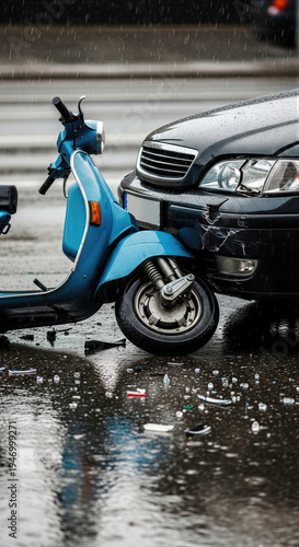 Blue scooter involved in road accident with damaged automobile. Traffic collision on rainy city street. Vehicle crash site with broken headlights and scattered glass on wet asphalt road.