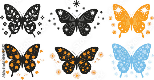 Seasonal butterfly collection with floral, sun, autumn leaves and snow elements, decorative nature insects set representing four seasons isolated on white background