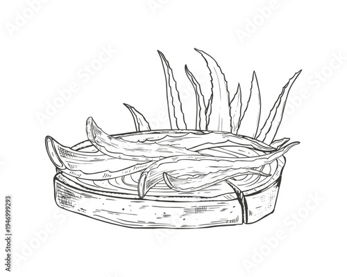 Fresh aloe vera leaves on natural wood tree ring slice vector isolated illustration. Wooden trunk cross section and succulent plant line art black ink sketch for cosmetics packaging, organic product