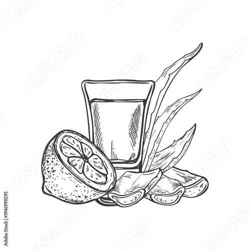 shot glass filled with herbal infusion and lime slices and aloe vera leaves monochrome vector composition. Fresh ingredients for making drinks, for bar menus, cocktail recipe cards