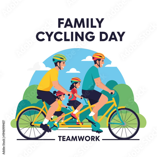 Joyful Family Riding Tandem Bicycles Together Celebrating Cycling Day and Teamwork Spirit