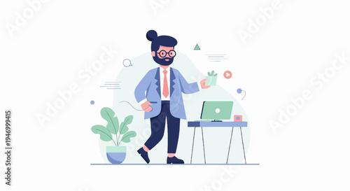 Stylized man in suit offers gift next to laptop, plant, and video icon