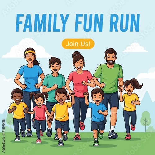 Joyful Family Running Together in a Community Fun Run Event for Health and Happiness