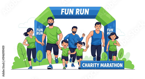 Joyful Family Running Together at a Charity Marathon for Fun and Fitness
