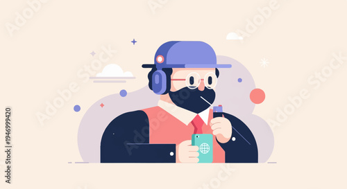 Stylized man wearing headphones and holding a phone with an icon