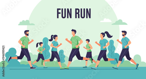 Joyful Family Running Together in a Park During a Community Fun Run Event