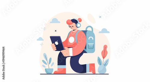 Person with headphones, backpack, and tablet on a pastel background