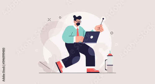 Stylized man with laptop and pointer in flat illustration style